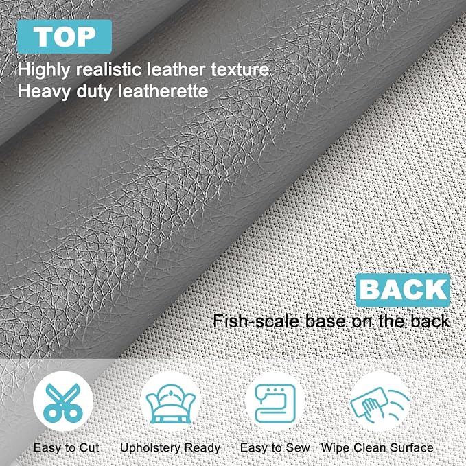 Grey Faux Leather Fabric 197"×55" Lychee Grain Upholstery Vinyl - Image 2