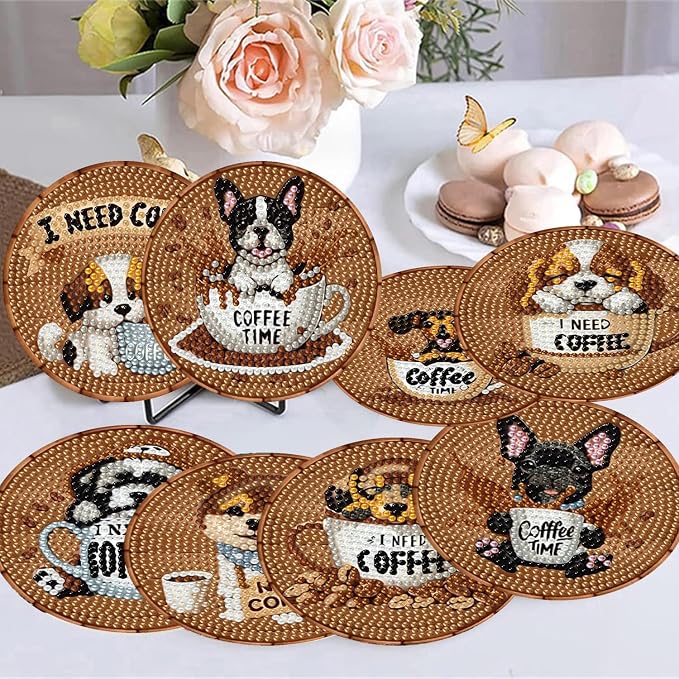 8 Pack Diamond Art Coasters, Coffee Dog Diamond Painting Coasters Kits | Dog - Image 5