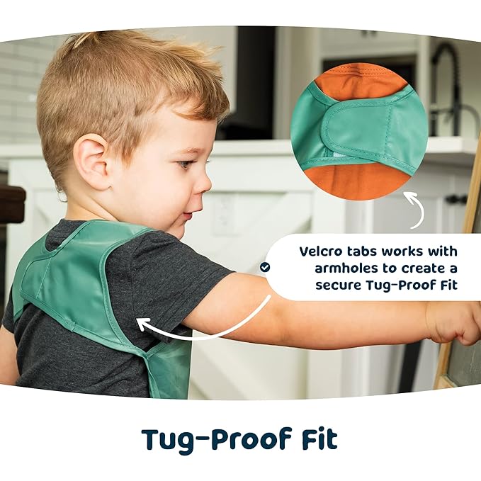 Tiny Twinkle Short Sleeve Apron Bibs for Babies & Toddlers – 2 Pack Waterproof, Mess-Proof Baby Bibs for Eating & Feeding, Machine Washable,Perfect Holiday Gift(Slate Olive, 6–24M)