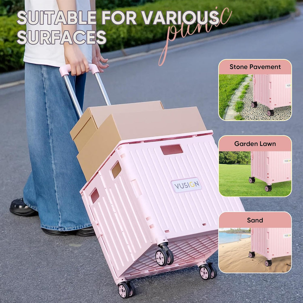 VUSIGN Folding Utility Cart, Foldable Rolling Crate Handcart with Lid, Portable Collapsible Shopping Trolley Tool Box, 4 Rotate Wheels for Grocery, Office, Travel, Teacher, Luggage, Pink