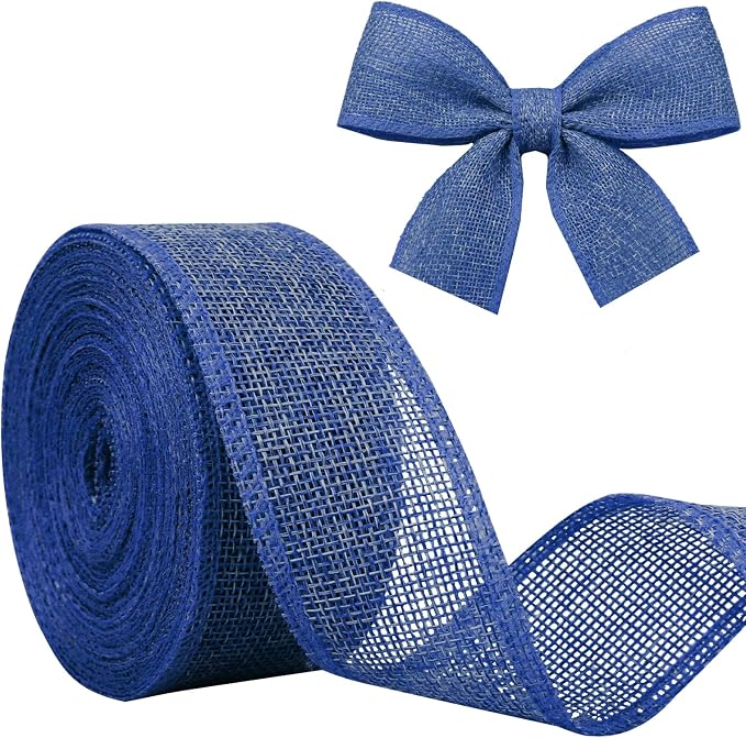 Blue Burlap Ribbon 1-1/2 inch X 10 Yard Blue Linen Wired Ribbon | Natural Linen by JaoZuyard