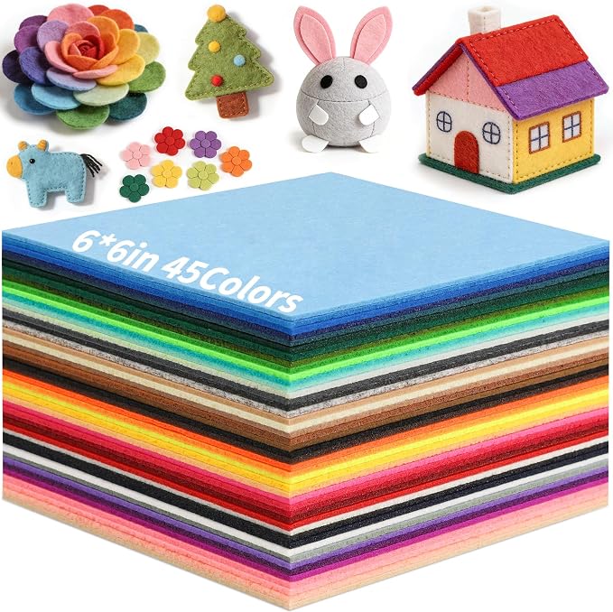 45 PCS Felt Fabric Sheets 6 x 6 Inch 2mm Craft Felt Sheets | 45 Assorted Colors by Oleitodh