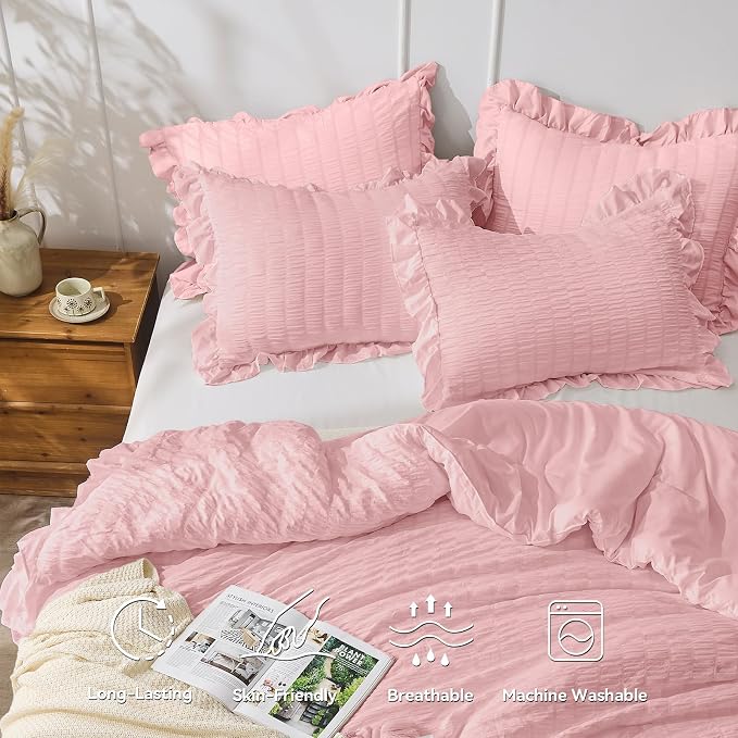 JOLLYVOGUE Pink Seersucker King Comforter Set, 3 Pieces Bed in a Bag Comforter - Image 2