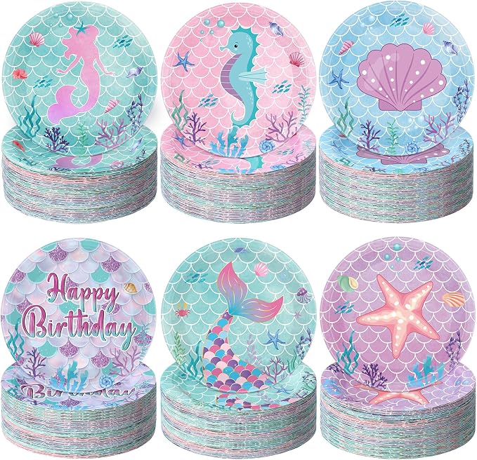 Funnymoom 60 Pcs Mermaid Birthday Party Decor 7 Inch Mermaids Dessert Paper by Funnymoom