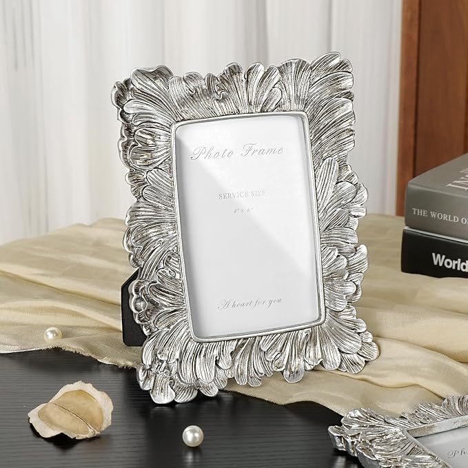 Cuspin 4x6 Picture Frame Silver, Vintage Ornate Palm Leaves Textured - Image 7