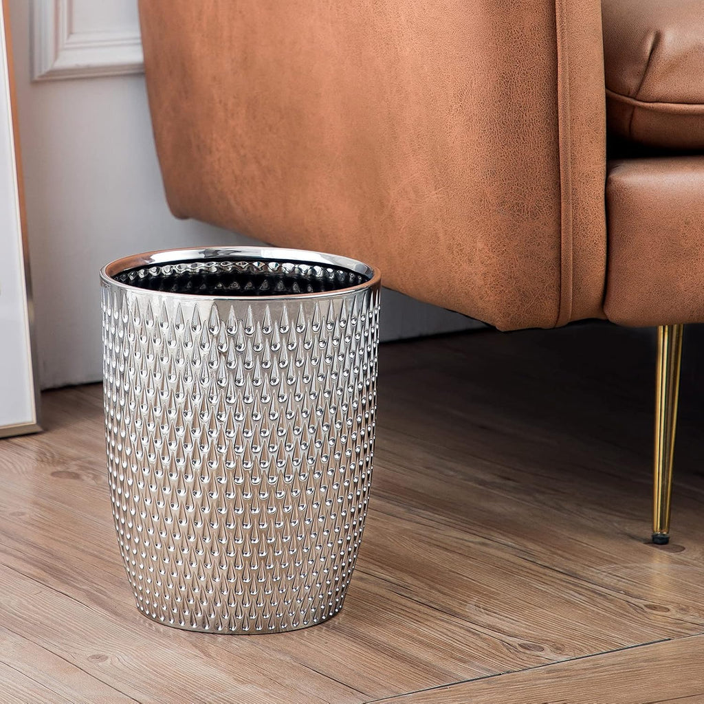 Modern Round Silver Small Trash Can Wastebasket, Garbage Container Bin for Bathrooms, Powder Rooms, Kitchens, Home Offices - Durable Ceramics - Round