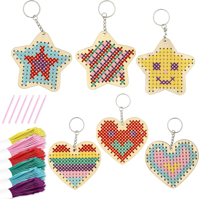 VKPI Wooden Cross Stitch Kits for Kids, Make Your Own 6 Cross Stitching Keyrings by VKPI