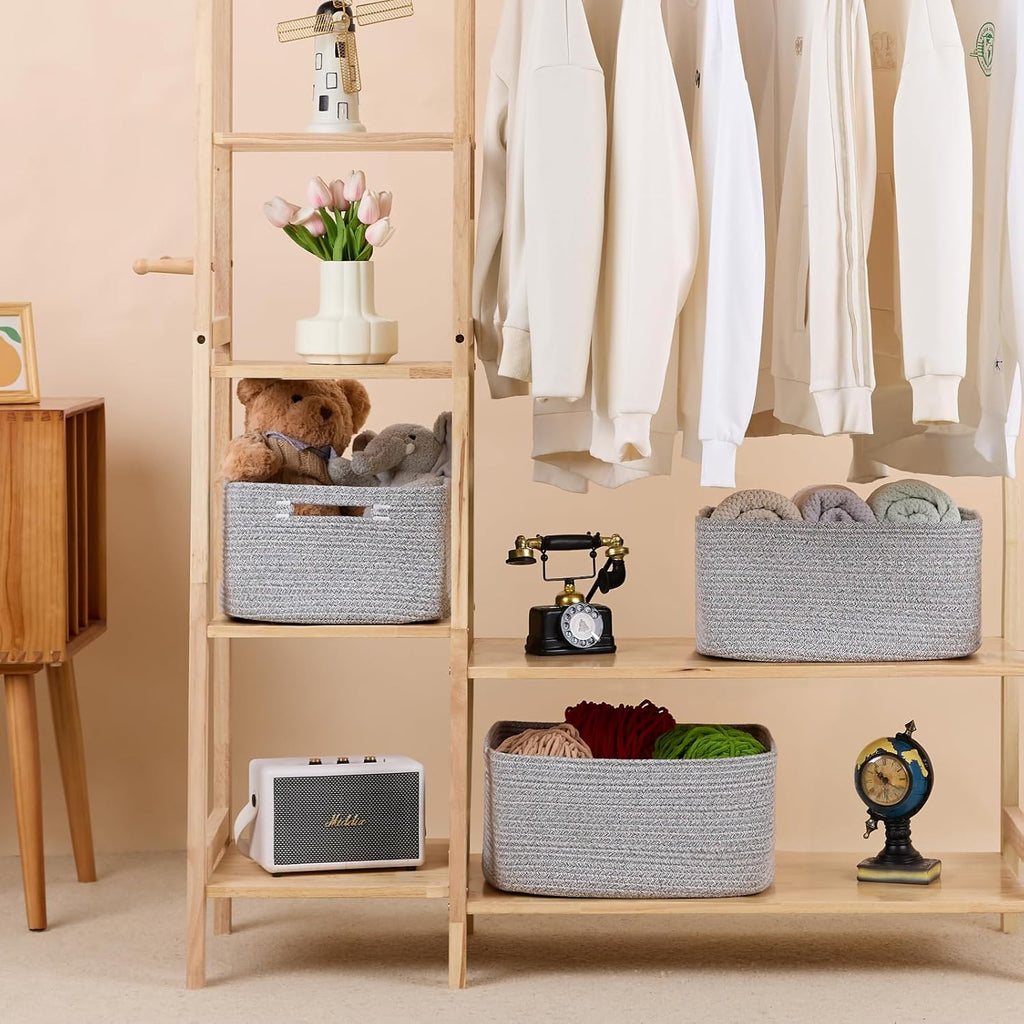 Large Storage Baskets for Shelves, Closet Organizers Bins for Clothes Blanket Towels, Baby Nursery, Toy Baskets Box, Woven Rope Baskets, 17 x 13 x 7.5”, 2 Packs Mixed Grey