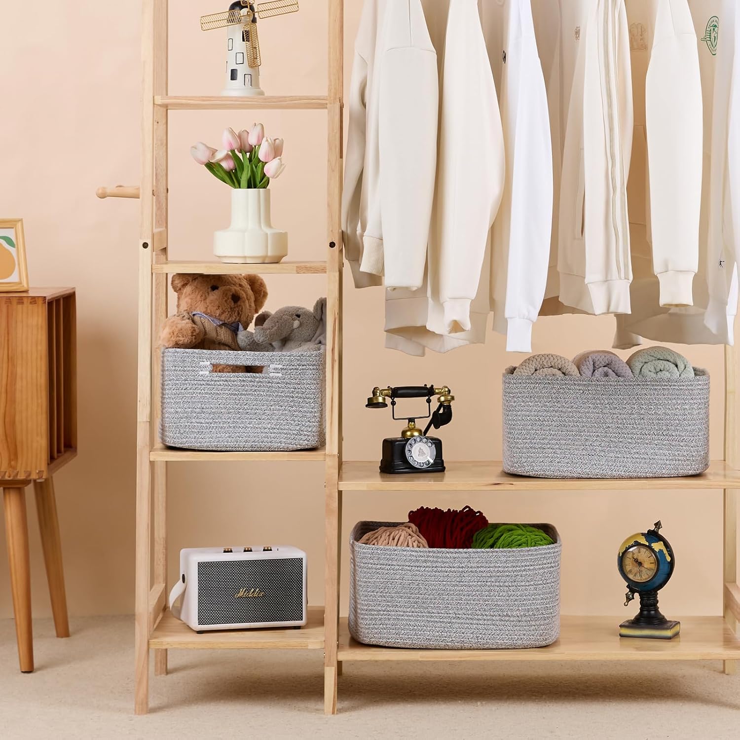 Large Storage Baskets for Shelves, Closet Organizers Bins for Clothes Blanket Towels, Baby Nursery, Toy Baskets Box, Woven Rope Baskets, 17 x 13 x 7.5”, 2 Packs Mixed Grey