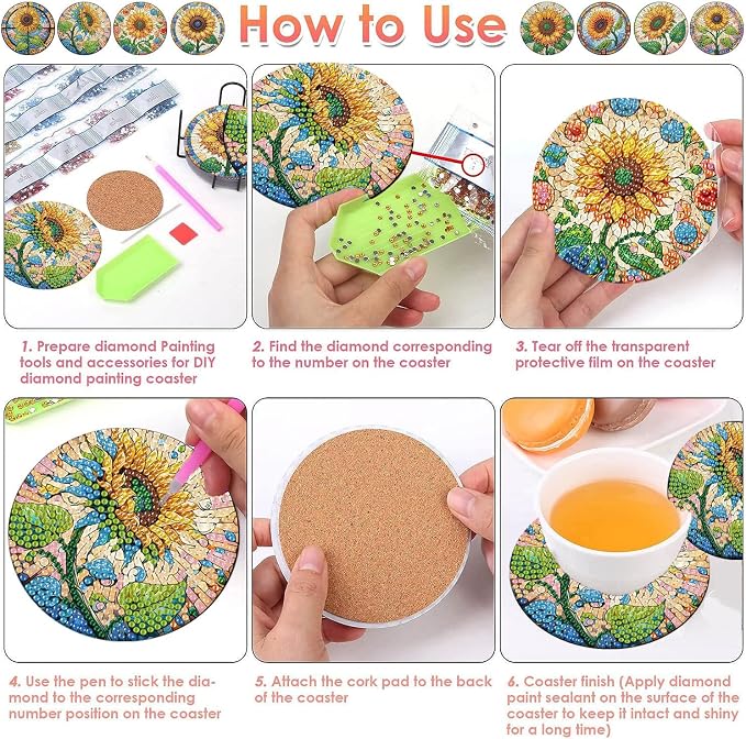 ijbnhd 8 PCS Sunflower Diamond Painting Coasters | Sunflower Diamond Art - Image 6