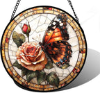DASTOLL Stained Glass Window Hanging, Butterfly Picking Flowers Suncatcher by DASTOLL