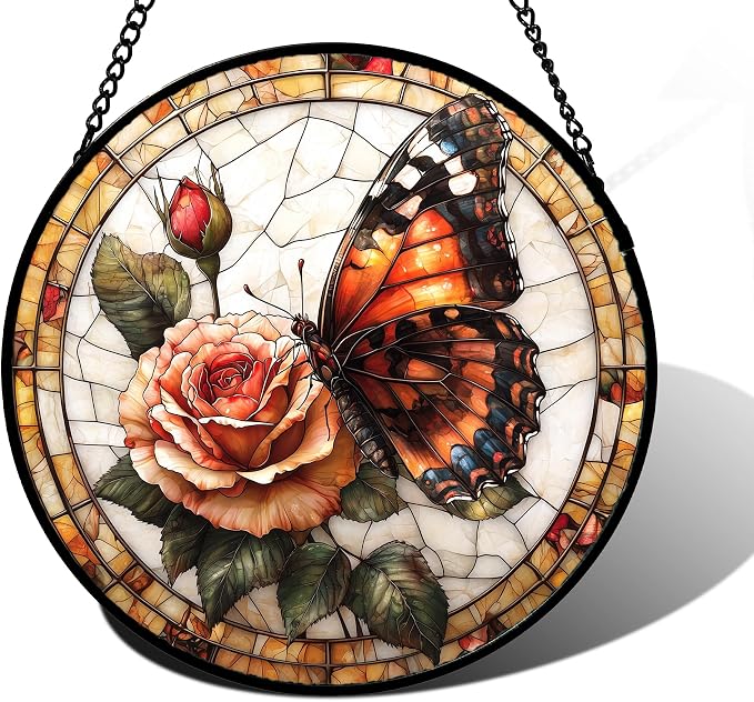DASTOLL Stained Glass Window Hanging, Butterfly Picking Flowers Suncatcher by DASTOLL