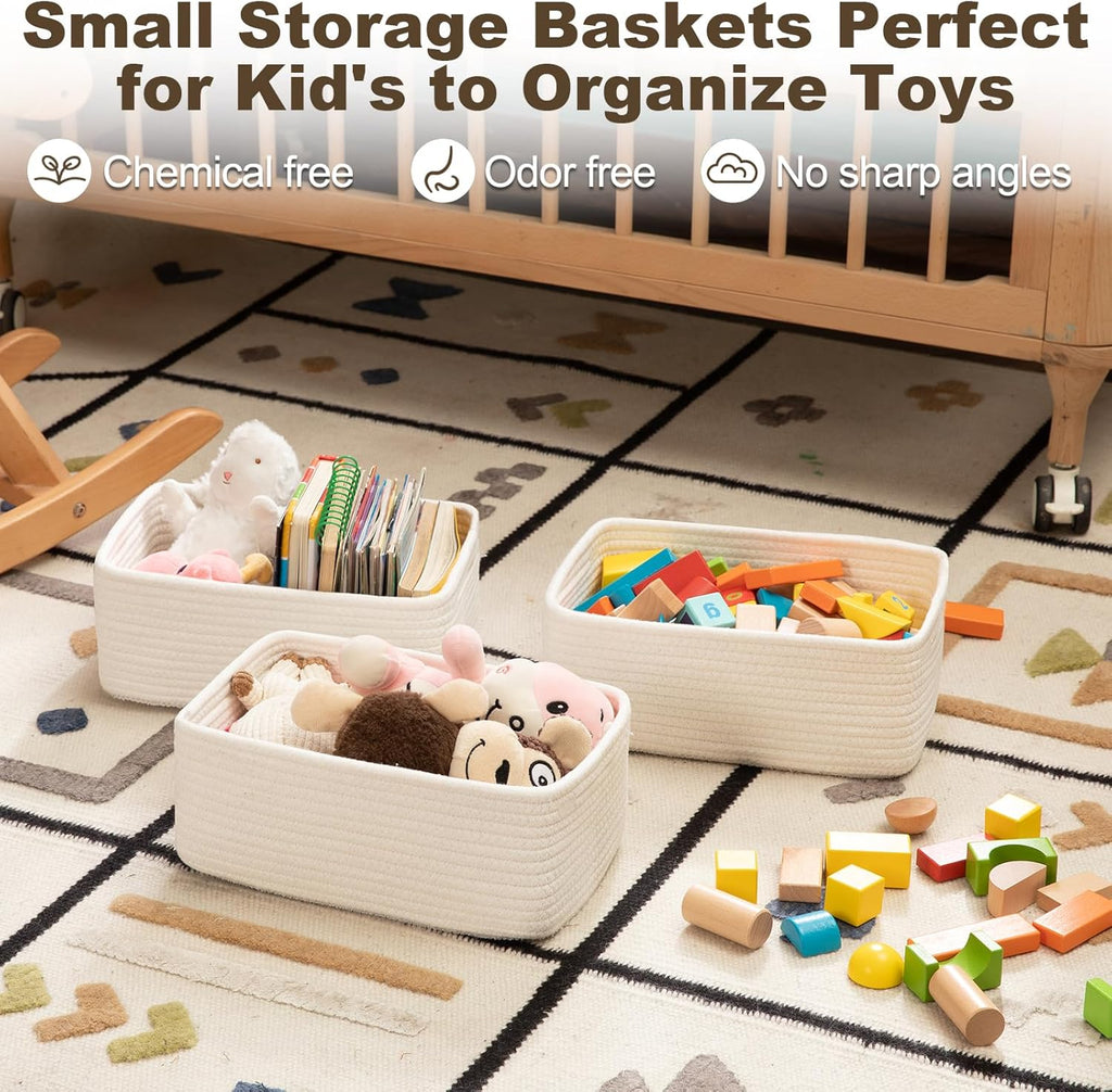 3 Pack Small Storage Baskets for Organizing, Cute Woven Decorative Gift Baskets for Shelves, Mini Closet Organizer Bins with Handles, 11.81''Lx7.87''Wx4.72''H-White