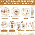 450 Pcs Brown Bear Baby Shower Tableware Set Decorations We Can Bearly Wait - Image 2