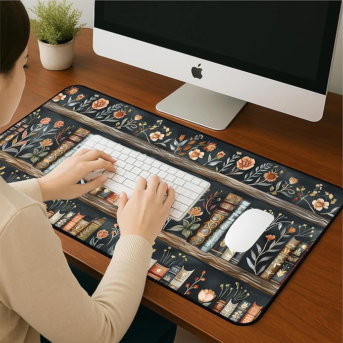 Vintage Flower Bookshelf Desk Mat, Library Book Mouse Pad Desk Pad, Extended - Image 7