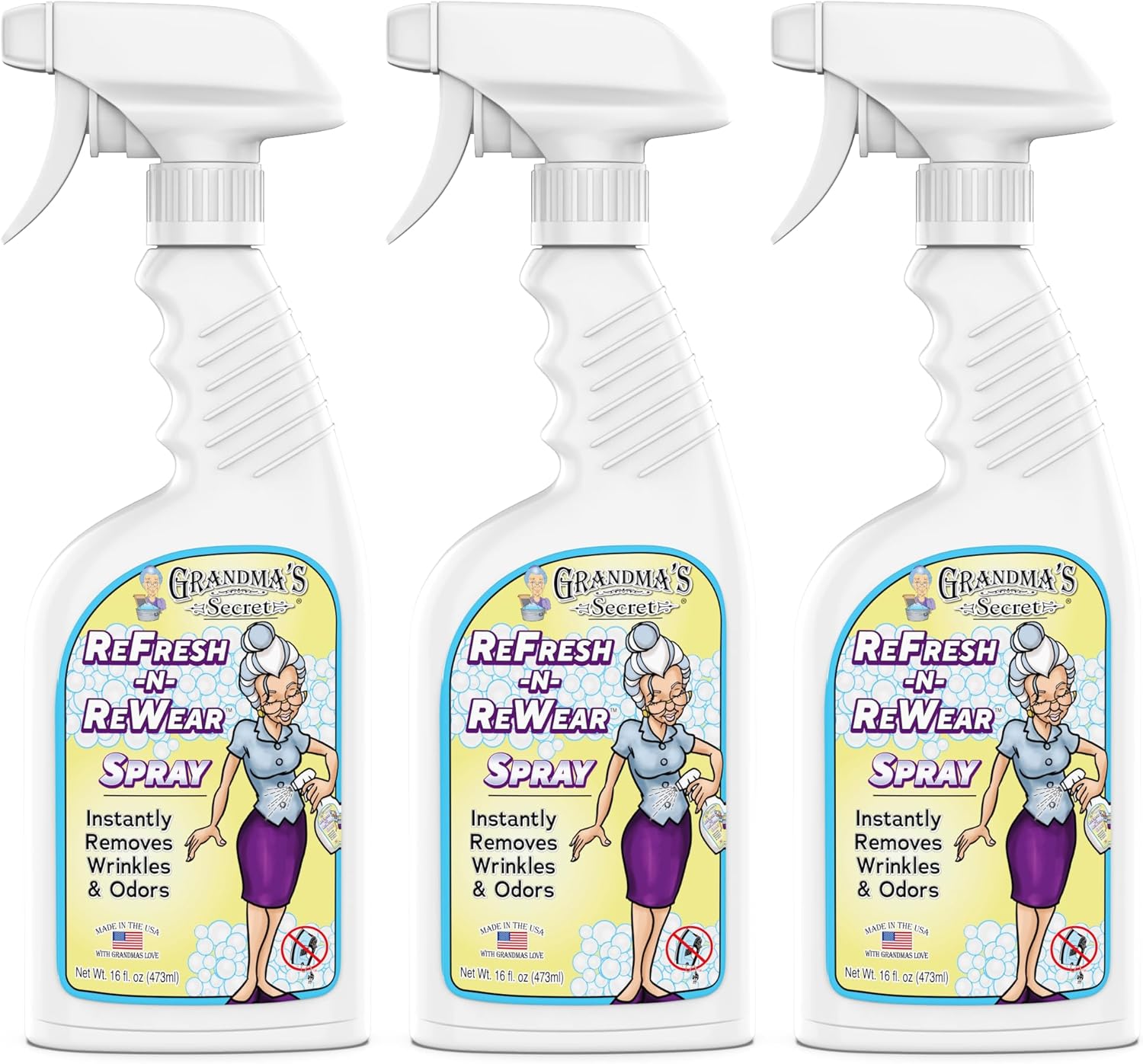 Grandma's Secret Refresh N ReWear Spray - Instantly Removes Wrinkles & Odors - Wrinkle Release, Fabric Refresher Spray, Chlorine, Bleach and Toxin-Free - 16 Ounce, 3 Pack