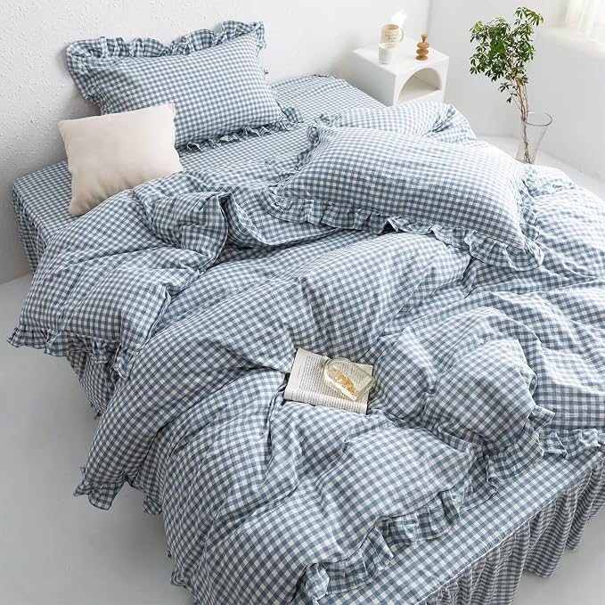 MKXI Blue and White Gingham Duvet Cover Queen Size, 3-Piece Bedding Set - Image 4