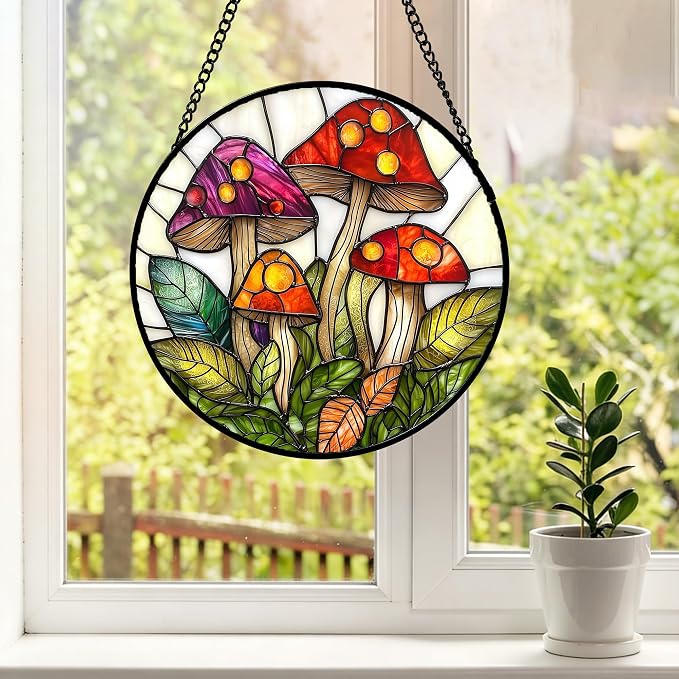 DASTOLL Stained Glass Window Hanging, Mushroom Leaves Suncatcher - Image 5
