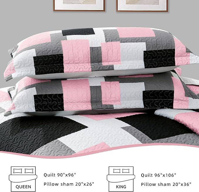 Tyrot 3 Piece Pink Grey Quilt Set California King Size Pink Gray White - Image 7