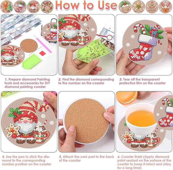 ijbnhd 8 Pcs Christmas Diamond Painting Coasters Kits Diamond Art Coasters | - Image 6