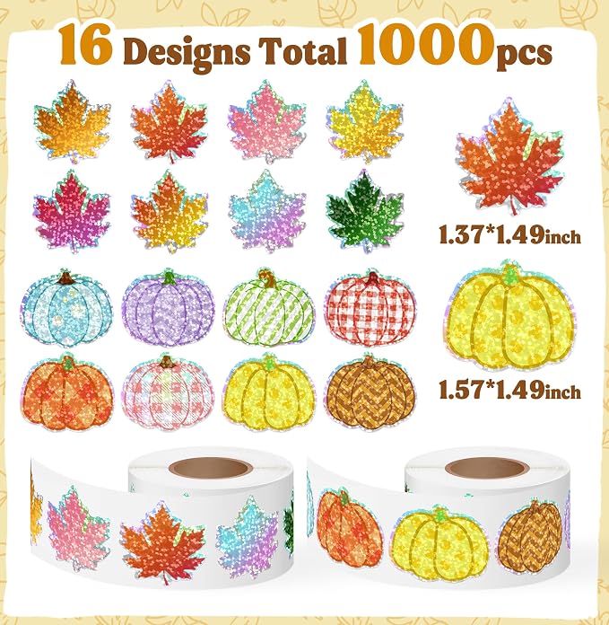 1000Pcs Fall Thanksgiving Stickers Rolls Holographic Glitter Autumn Decals | - Image 2