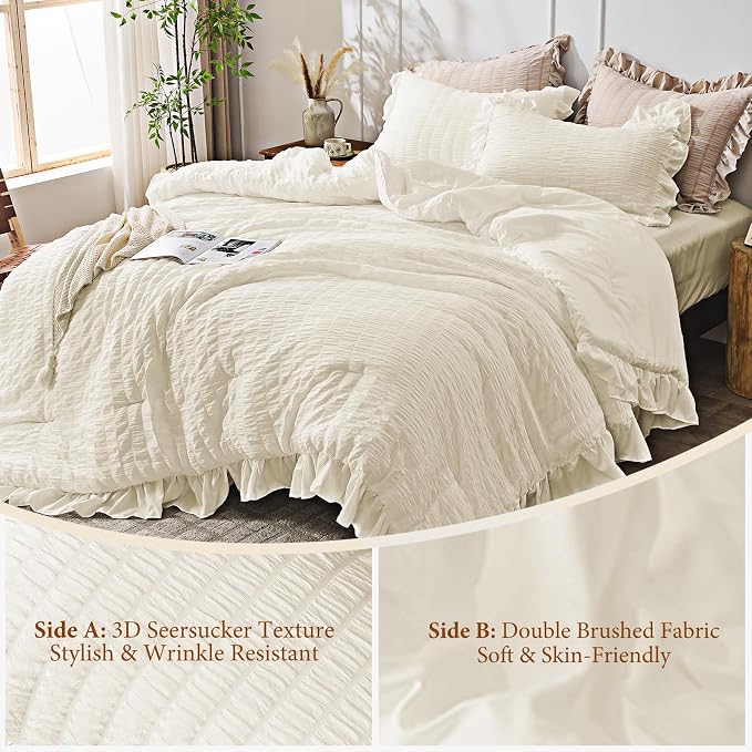 JOLLYVOGUE Ivory Twin Size Comforter Set, 2 Pieces Seersucker Lightweight - Image 5