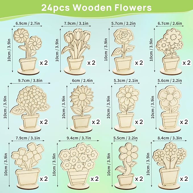 24 PCS Wooden Flower Crafts to Paint, Unfinished Wooden Flowers Spring Slices - Image 2