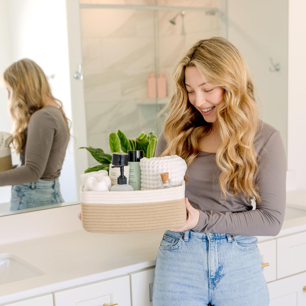 NaturalCozy 11.8"x8"x4.5” Storage Baskets for Shelves 3 Pack | Cotton Rope Woven Small Baskets for Organizing | Small Storage Bins for Nursery, Bathroom, Closet, Cube Shelf, Decorative, Gift Basket