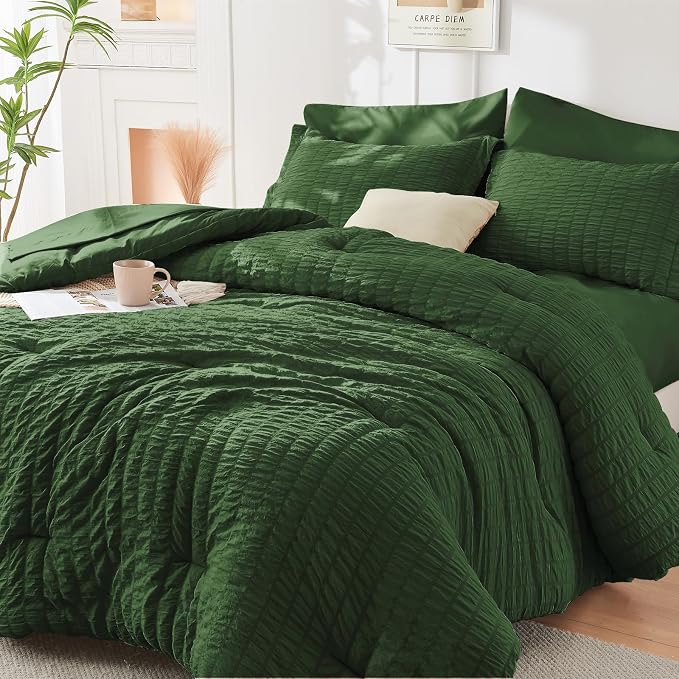 HYMOKEGE Dark Green Twin Comforter Set Seersucker 5 Pieces, All Season Luxury by HYMOKEGE