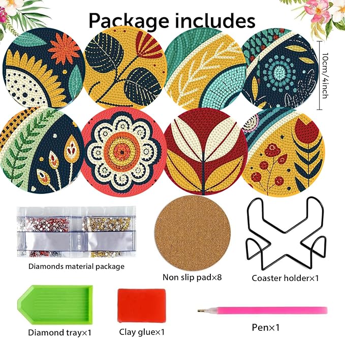 Zythron 8 Pack Diamond Art Coasters Kits, Flowers Diamond Painting Coasters | - Image 2