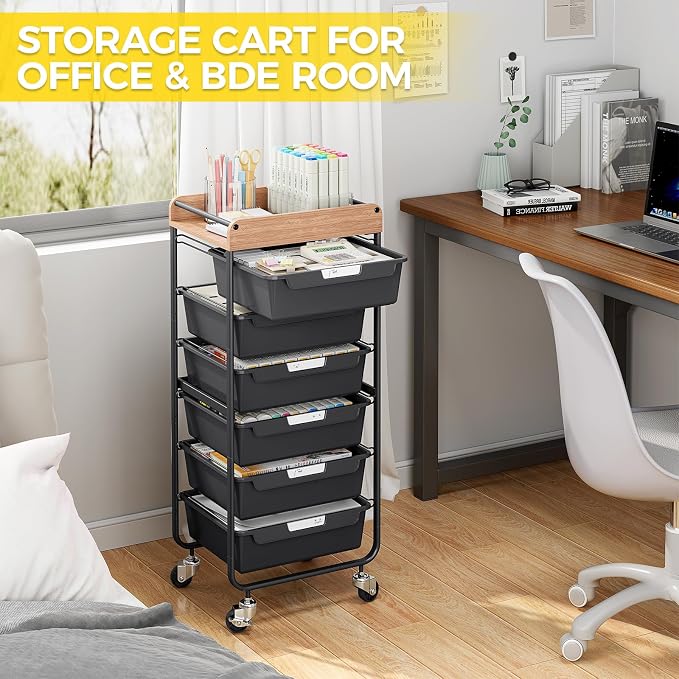 SYKIARIOL Utility Cart with 6 Labeling Drawers and Wooden Tabletop – Rolling - Image 9