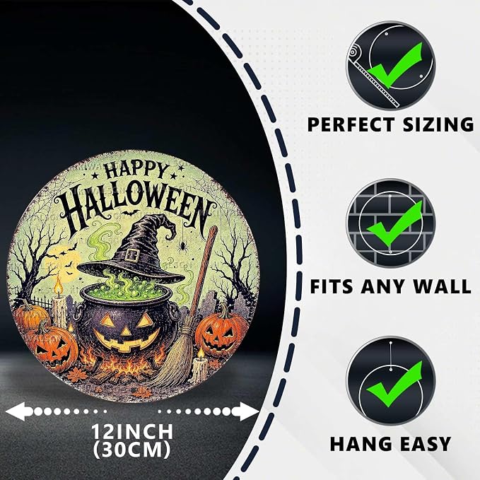 Vintage Witch Cauldron Halloween Metal Tin Sign Round Wall Decor Witch Hat - Image 2