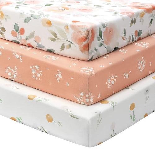 Baby Mini Crib Sheets Girl, Portable 38”x26” Pack and Play Sheets Fitted by FIEMOL