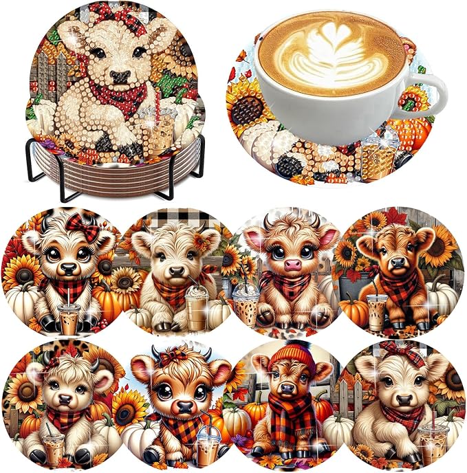 Axquilon 8 Pcs Highland Cow Diamond Art Coasters Kit by Axquilon