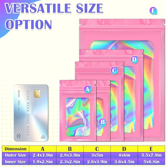 JETMORE 300 Pcs Mylar Bags, Smell Proof Bags Foil Pouch, Holographic Resealable - Image 6