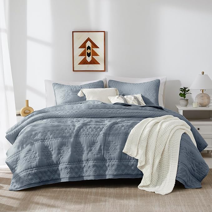 WDCOZY Boho Blue Grey Quilt King Size Bedding Sets by WDCOZY