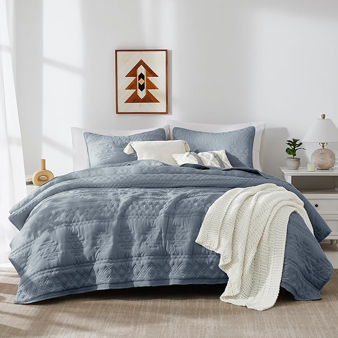 WDCOZY Boho Blue Grey Quilts Queen Size Bedding Sets by WDCOZY