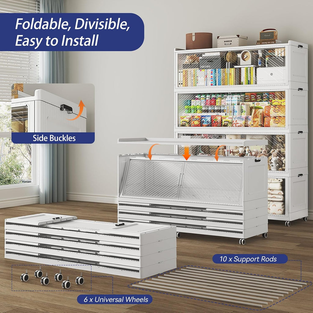 150 Gallon Extra Large Collapsible Storage Bin with Lid, 600QT Stackable Plastic Organizer with 6x Wheels, Foldable Drawer Cabinet for Closet, Living Room Office Dorm 3Pack, White