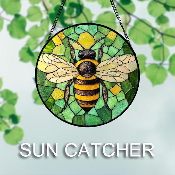 DASTOLL Stained Glass Window Hanging 4 Pcs Set Green Plants Yellow Insect Theme - Image 5