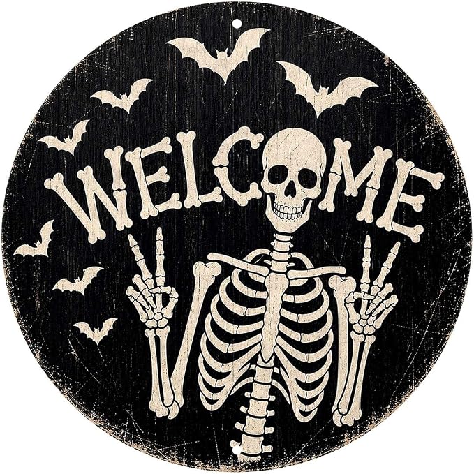 Funny Skeleton Welcome Halloween Metal Tin Sign Round Wall Decor Peace Sign Bat by Unknown