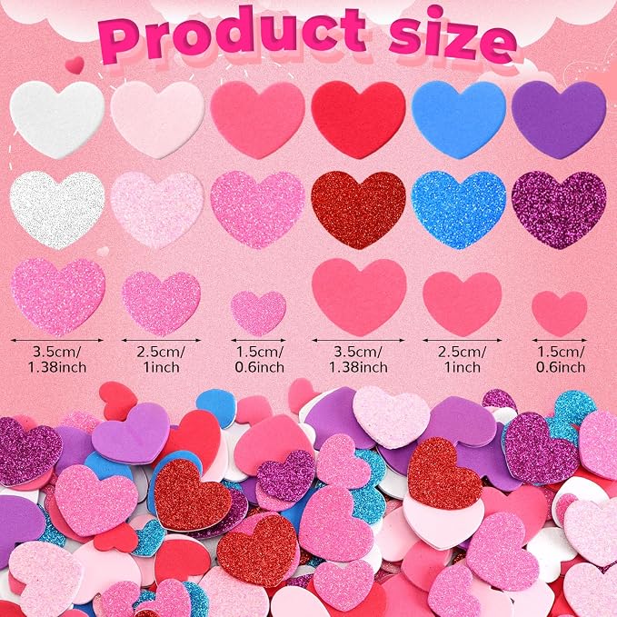 600Pcs Foam Heart Stickers Valentine's Day Glitter Love Sticker | 3 Sizes - Image 2