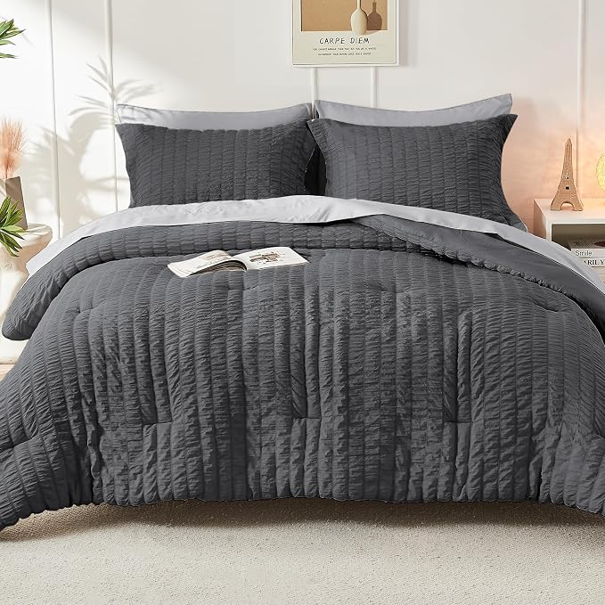 HYMOKEGE Dark Grey/Light Grey Full Size Comforter Sets Seersucker 7 Pieces - Image 7