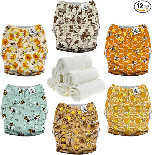 Mama Koala 3.0 Pocket Cloth Diapers for Babies with AWJ Lining, 6 Pack with 6 4-Layer Natural Cloth Diaper Inserts - Reusable and Washable Pocket Diapers(Hardworking Bees)