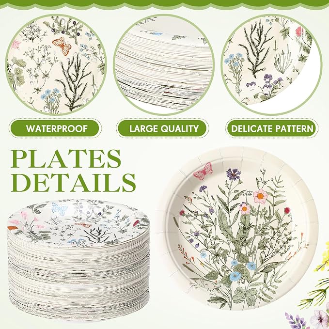 Funnymoom 60 Pcs 7 Inch Vintage Wildflower Paper Plates Retro Flower Plant Herb - Image 3