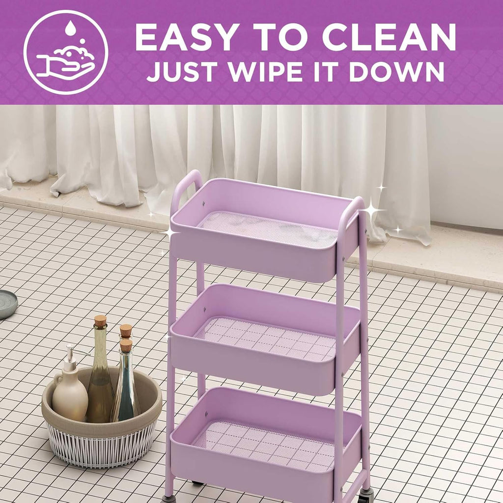 AGTEK Makeup Cart, Movable Rolling Organizer Cart, 3 Tier Metal Utility Cart with Lockable Wheels for Home & Office, Purple
