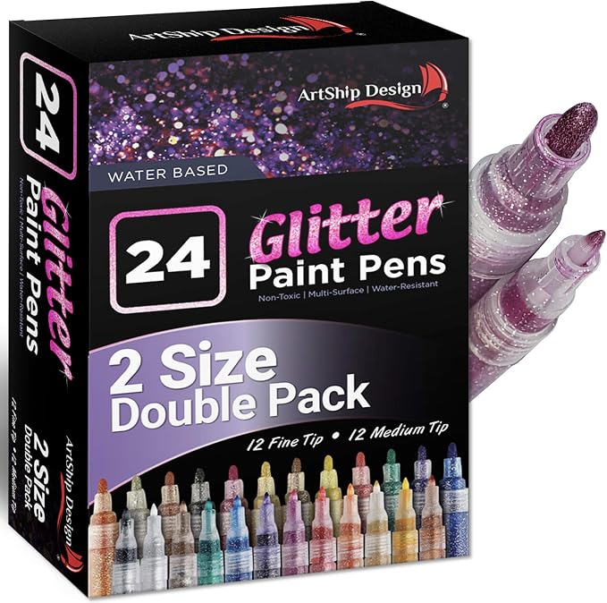 ArtShip Design 24 Glitter Paint Pens, Double Pack of Both Extra Fine and Medium by ArtShipDesign