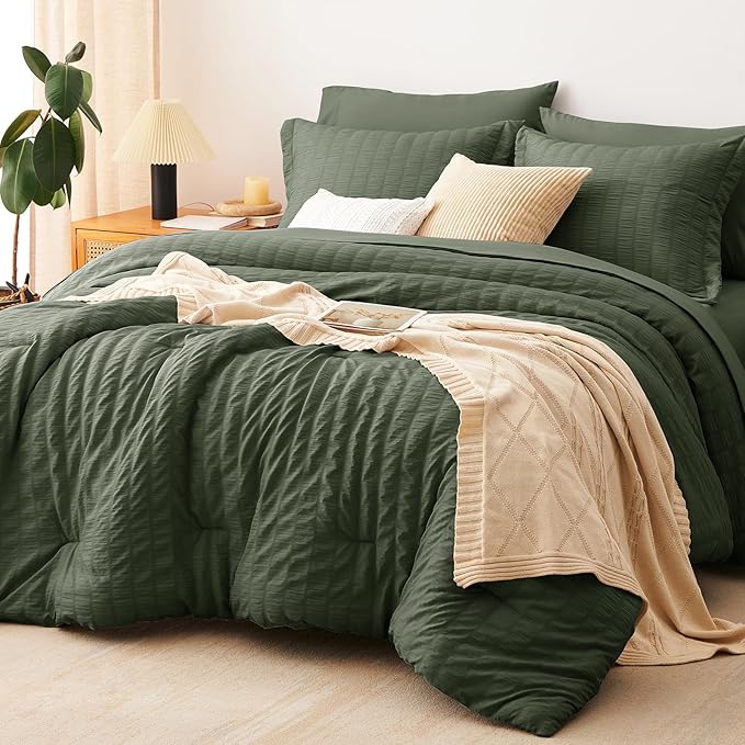 CozyLux King Size Comforter Set Dark Green Seersucker 7 Pieces Bed in a Bag by CozyLux