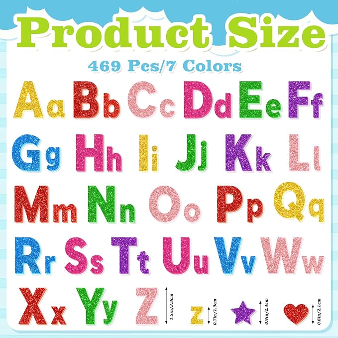 469 Pcs Glitter Foam Stickers, Letter Shapes Stickers, 7 Sheets Colorful 3D - Image 2