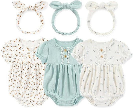 Newborn Baby Girl Clothes Cotton Bubble Romper Floral Short Sleeve Bodysuit 3 Pack