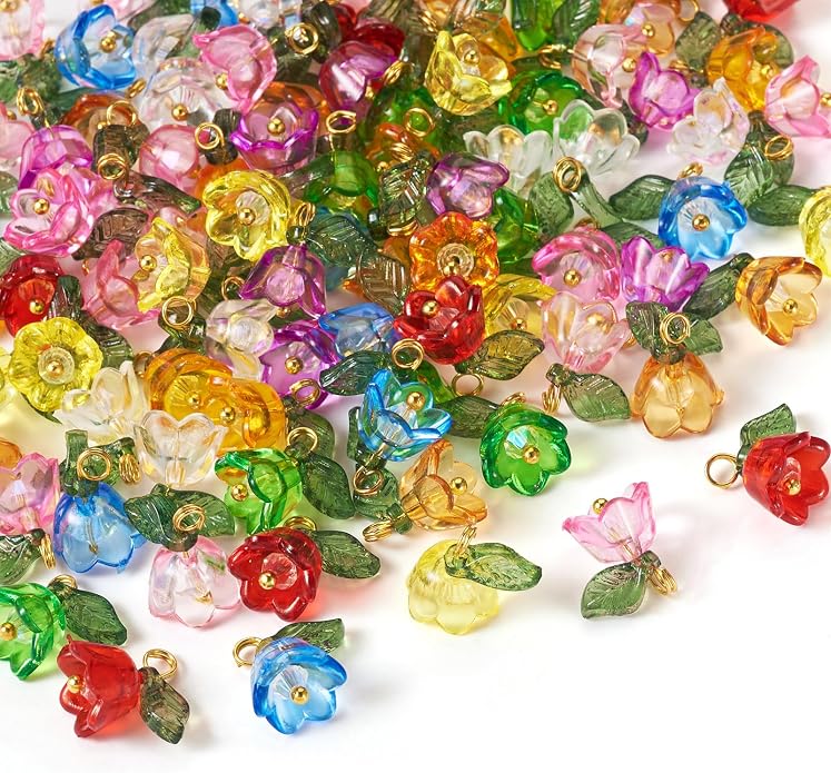 Cheriswelry 100pcs Flower Bracelet Charms Leaf Flower Acrylic Dangle Pendants - Image 7